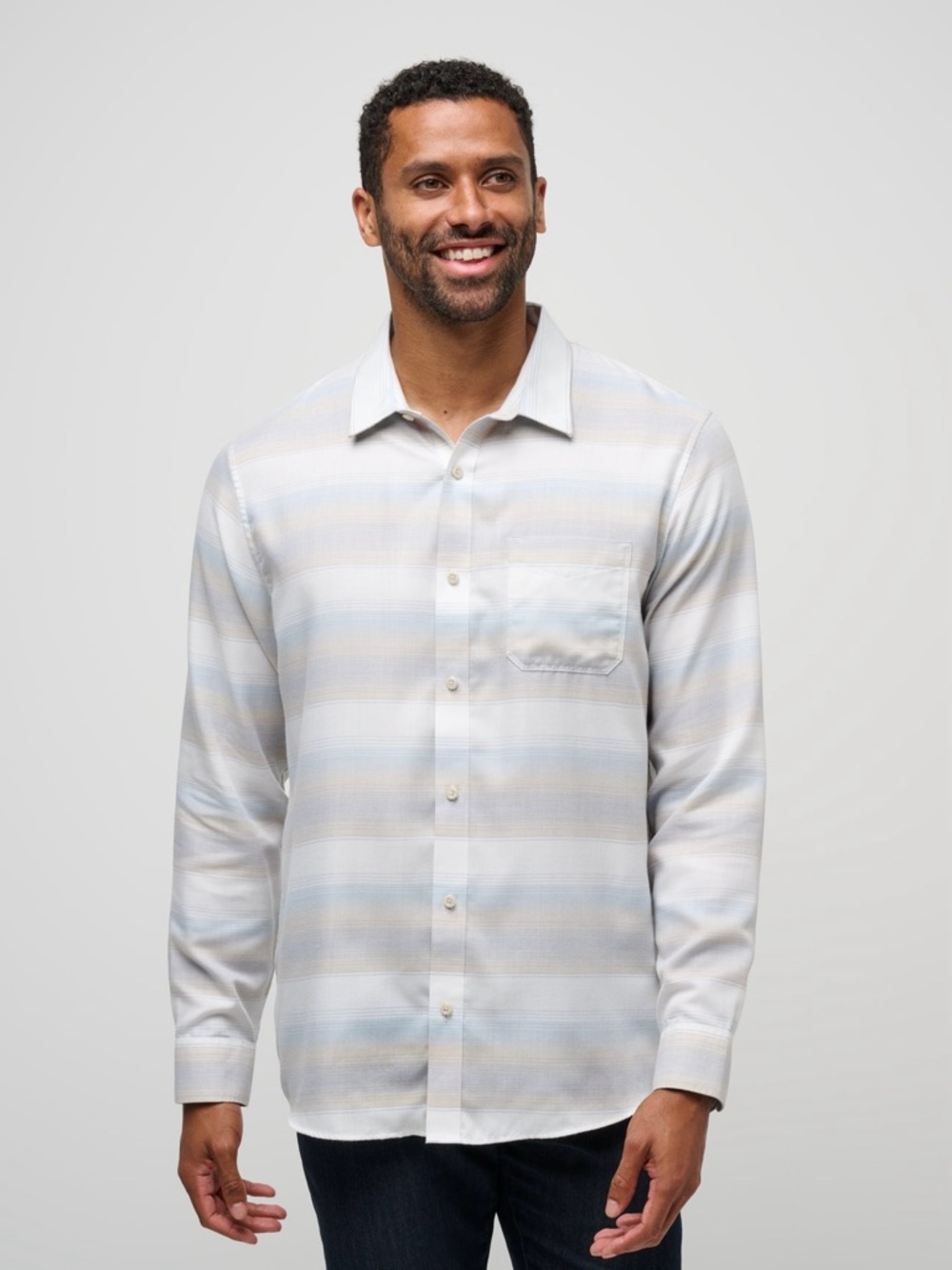 NWT Travis Mathew Cloud Flannel Stripe Button-Up Oxford Tan Stripe Long Sleeve